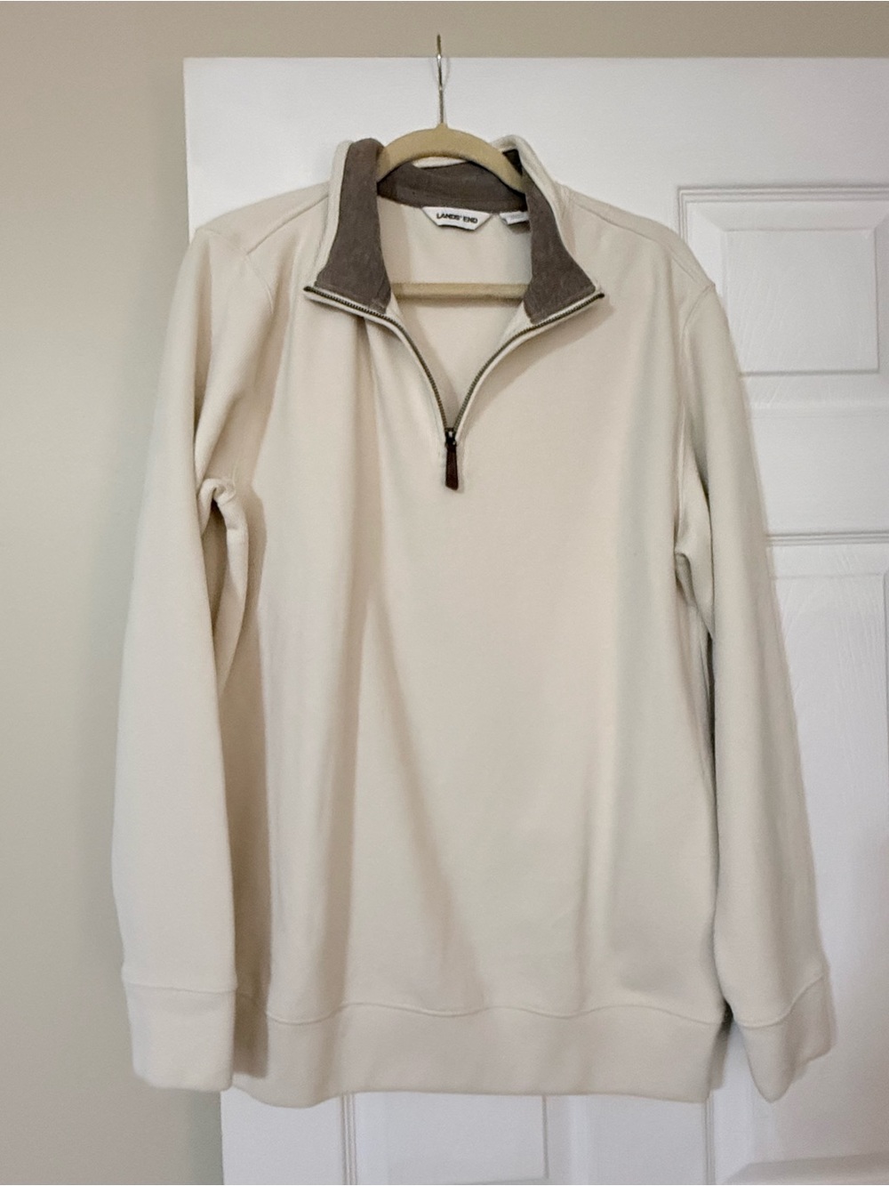 Lands' End Cream Quarter-Zip Sweater with Brown Contrast Collar